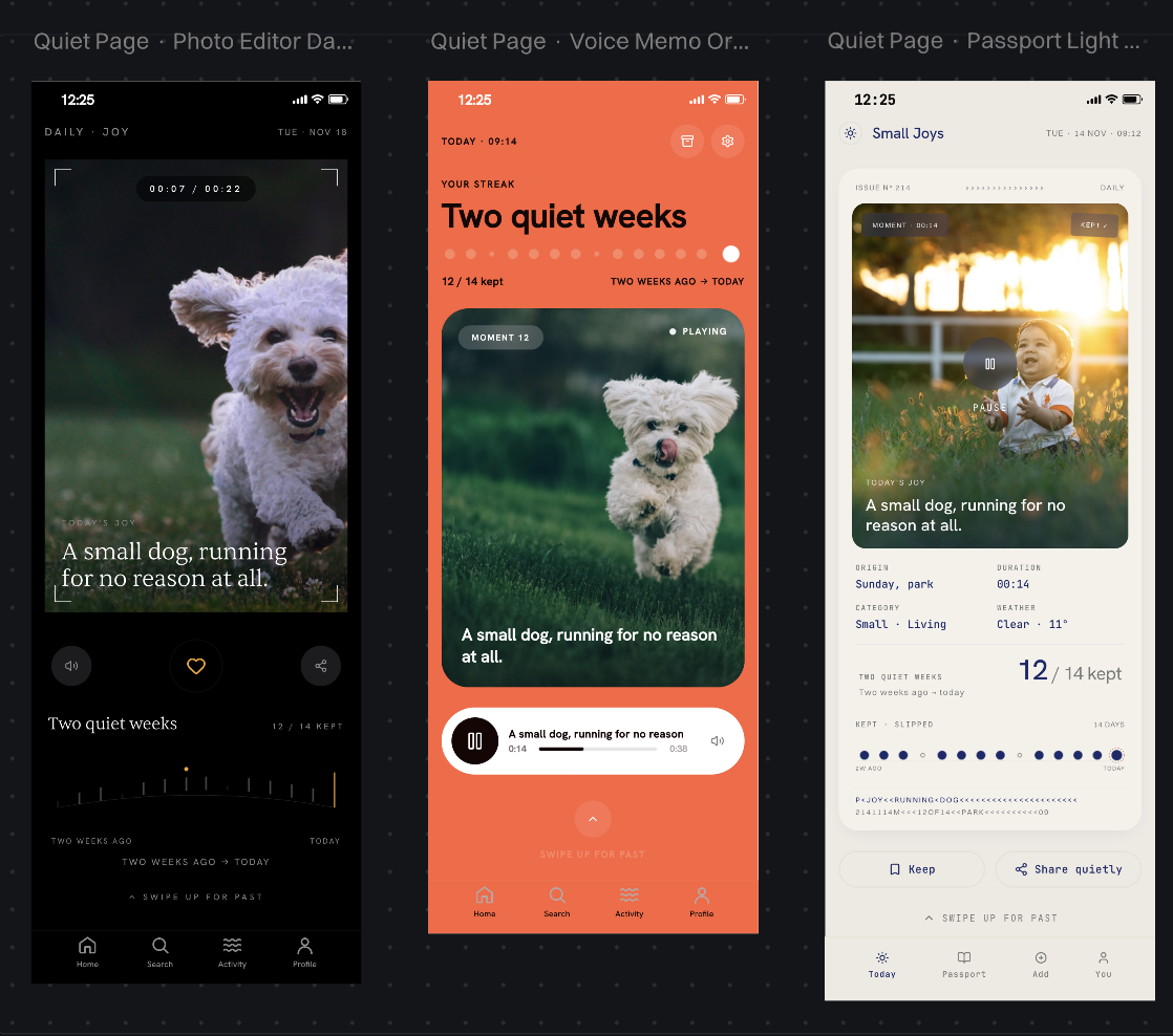 Three Quiet Page variants: Photo Editor Dark, Voice Memo Orange, Passport Light. All featuring 'A small dog, running for no reason at all.' as the caption.
